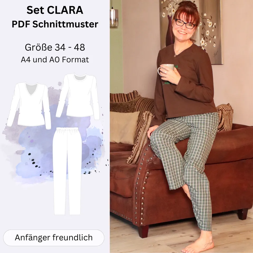 Sew4me CLARA Pyjama-Set Schnittmuster Gr. 34-48 PDF Jersey