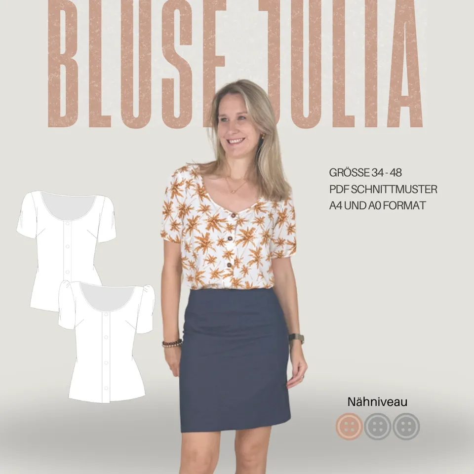 Sew4me Oberteile Bluse JULIA Schnittmuster Gr. 34–48 PDF Webware